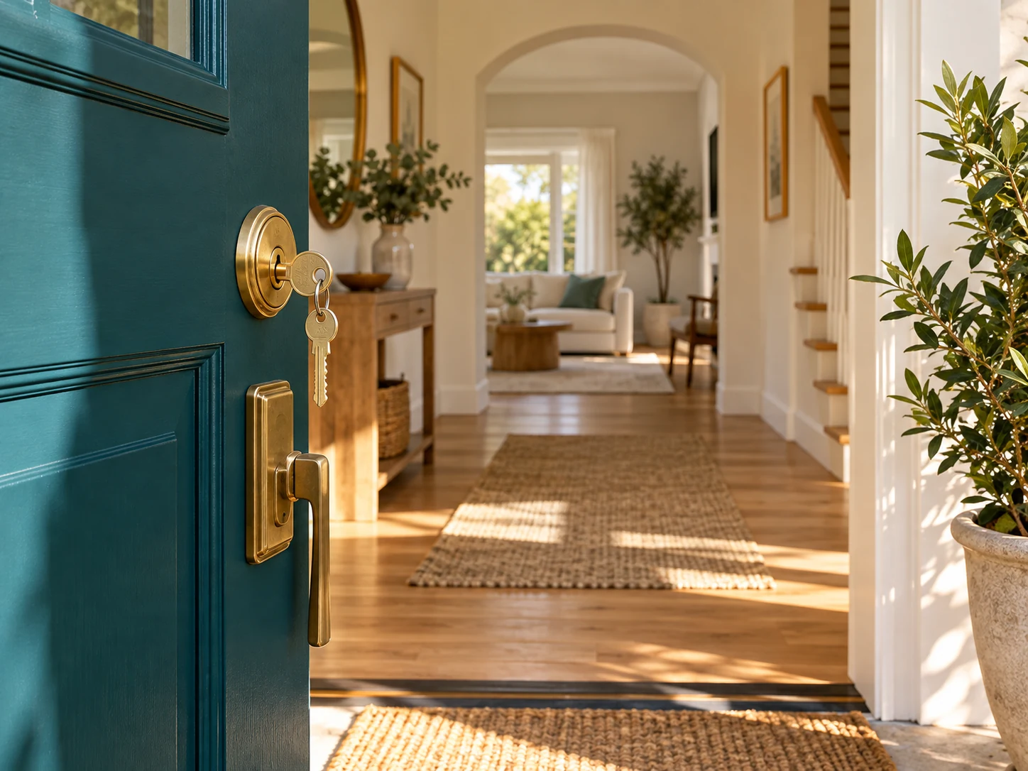 Sunlight through an open teal front door of a welcoming home
