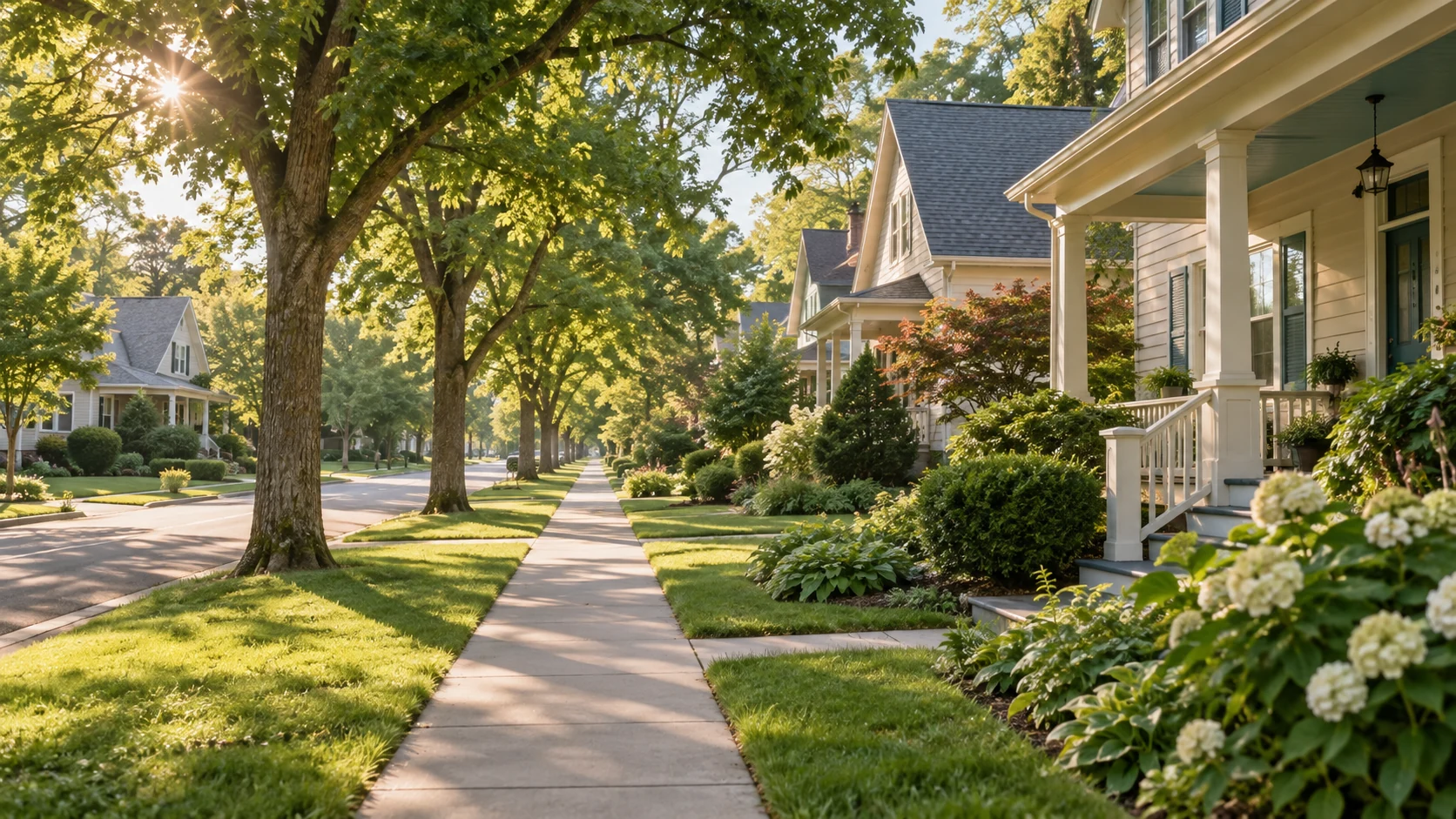 A quiet residential street with homes, trees, and sidewalks