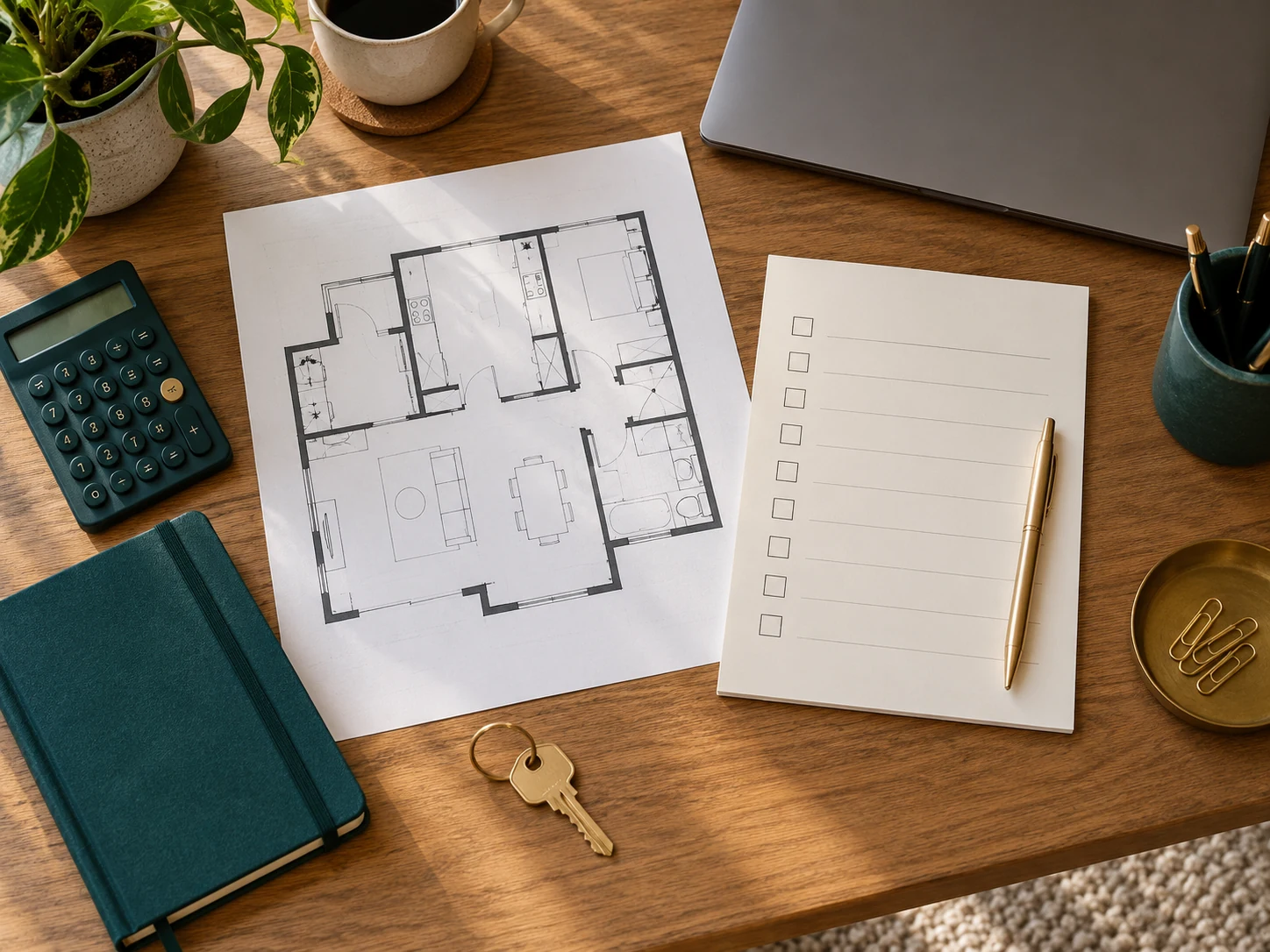 Organized property plans, calculator, notebook, and a house key on a work desk
