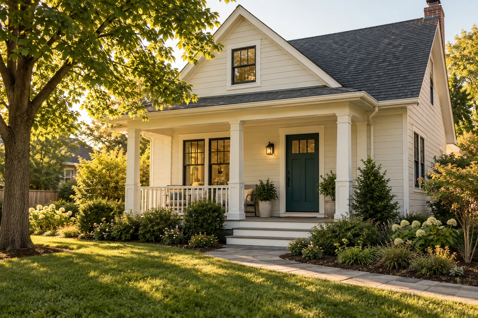 A welcoming cream-colored home with a teal front door
